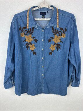 WOMEN'S CTS BLUES COTTON DENIM SHIRT WITH LEATHER FLOWER END GLASS BEAD SIZE 30